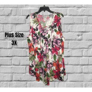 Plus Size Long Length Tropical Floral Blouse Size 3X with front lace up tie